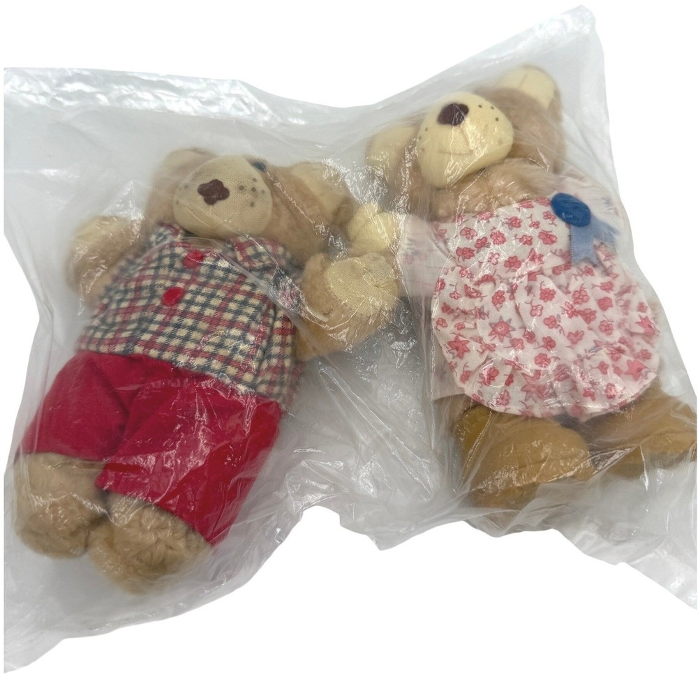 Vintage Furskins‎ Teddy Bear Plush Set of 2 Plaid Vest Floral Dress